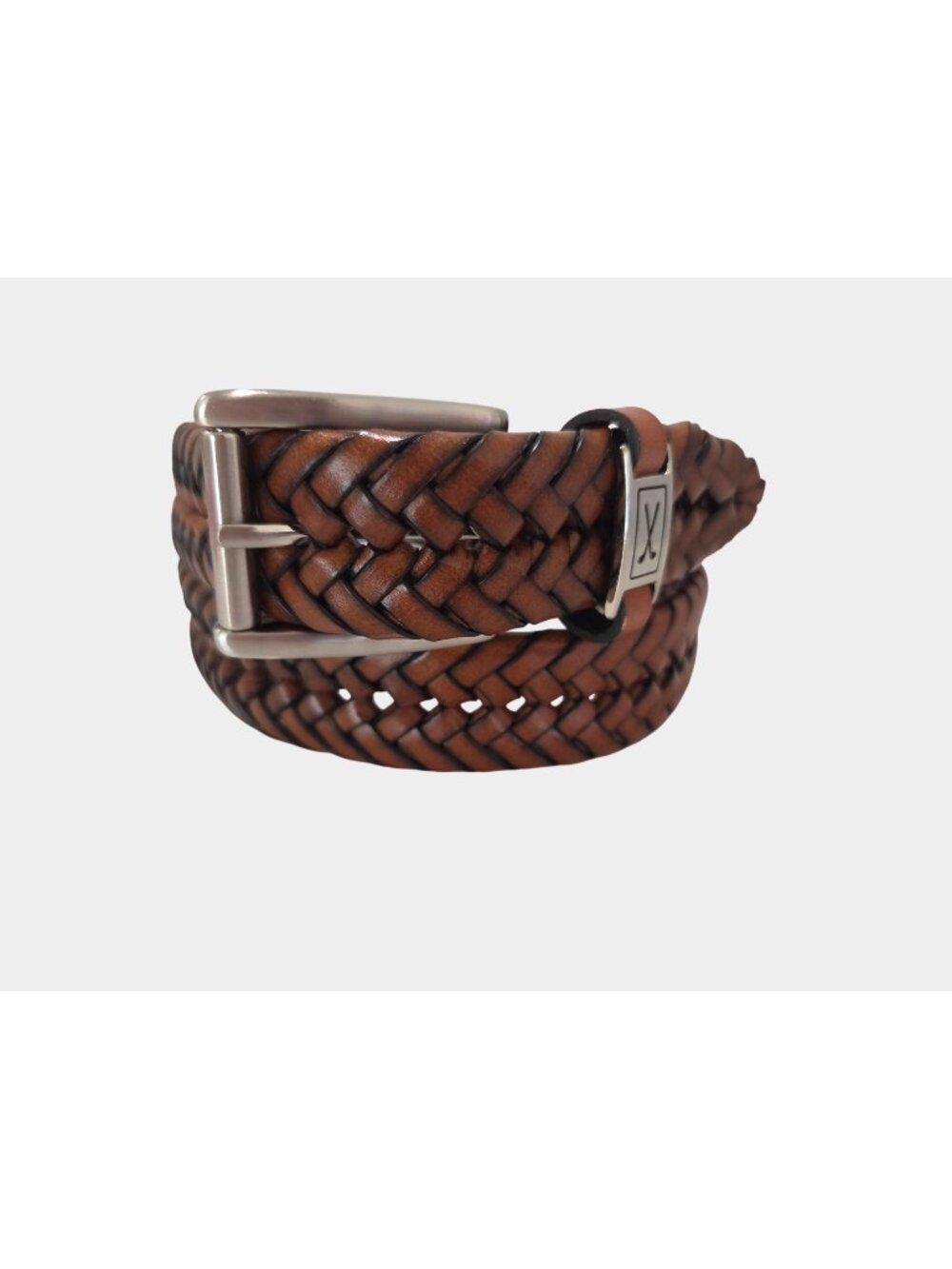 Danbury Men’s sz 34 Braided Leather Belt‎ Cognac Brown Golf Crossed Clubs Buckle